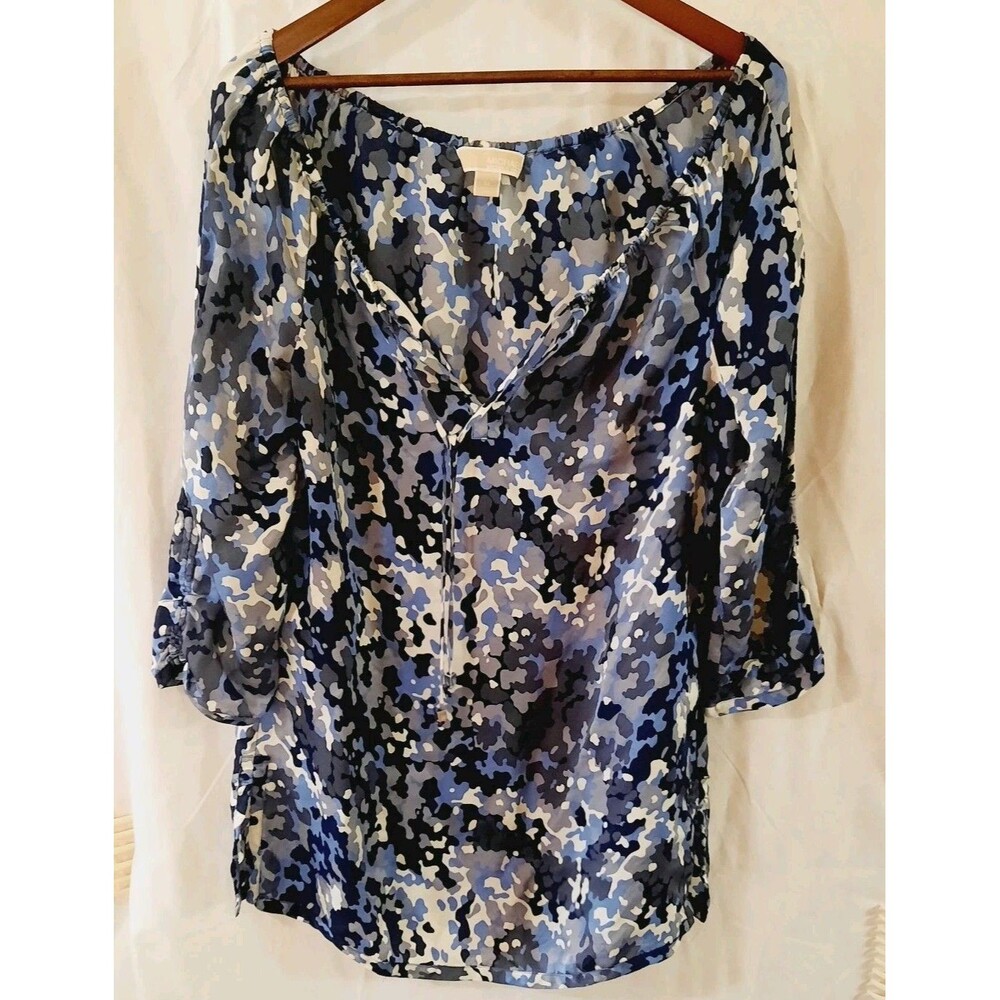 Michael Kors Womens Med. 100% Silk Blue Camo Tie Split Boatneck  Blouson Sleeves